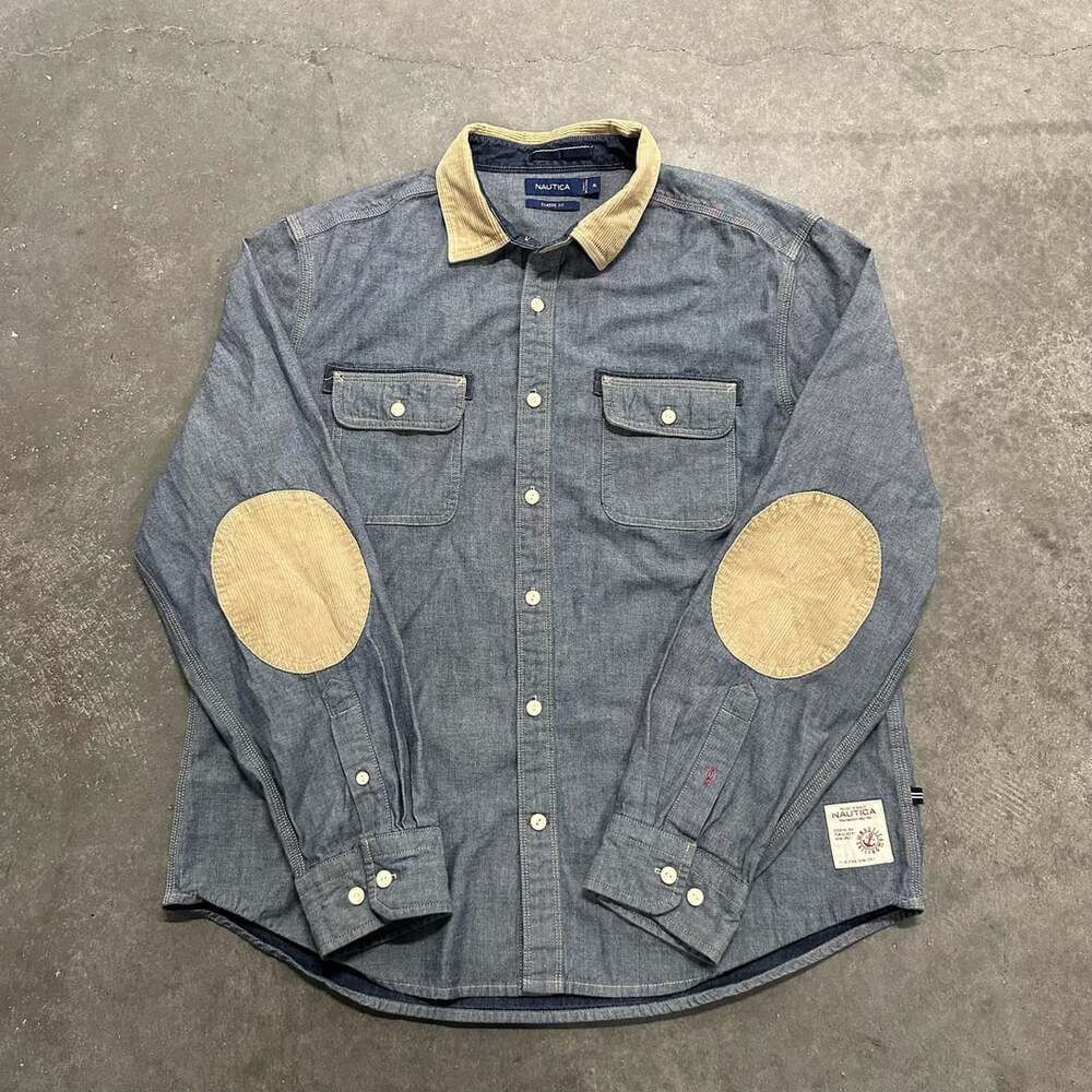 Nautica Sailing Chambray Shirt XL Corduroy Collar Elbow Patch Workwear